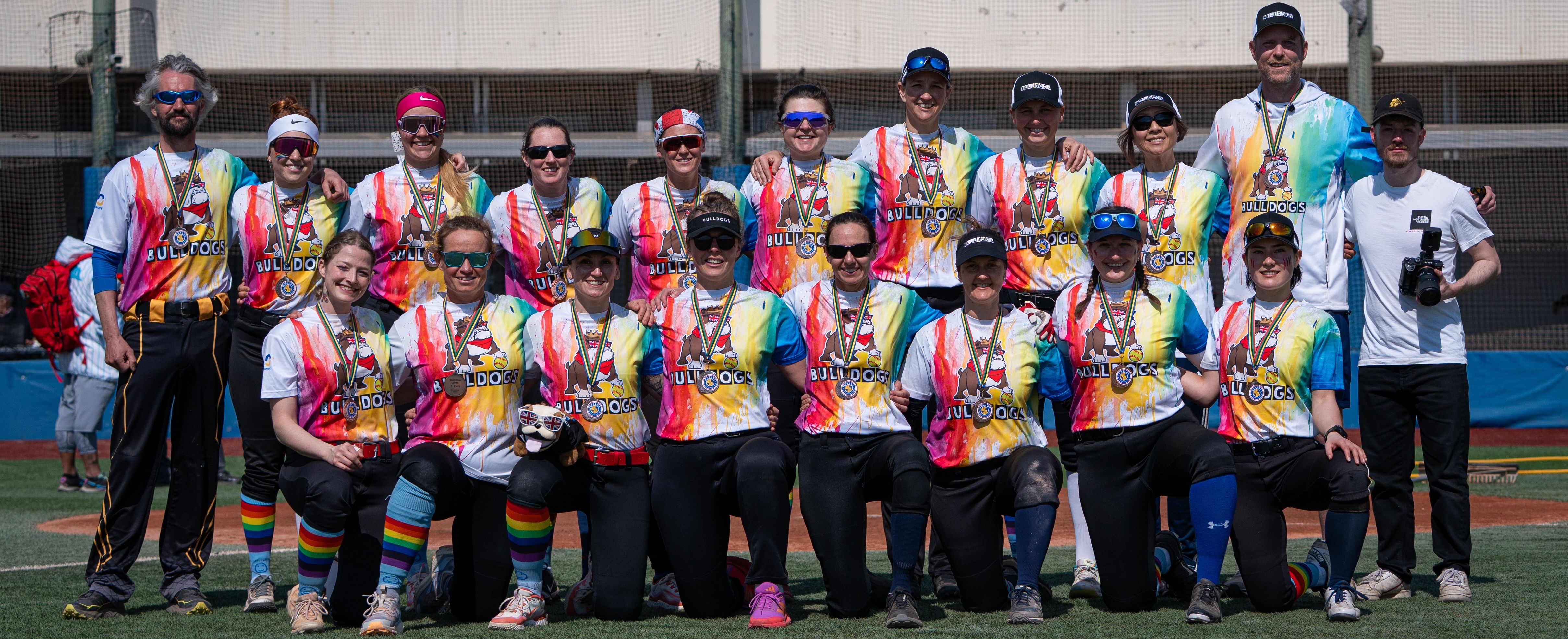 Bulldogs team celebrating a world bronze medal.
